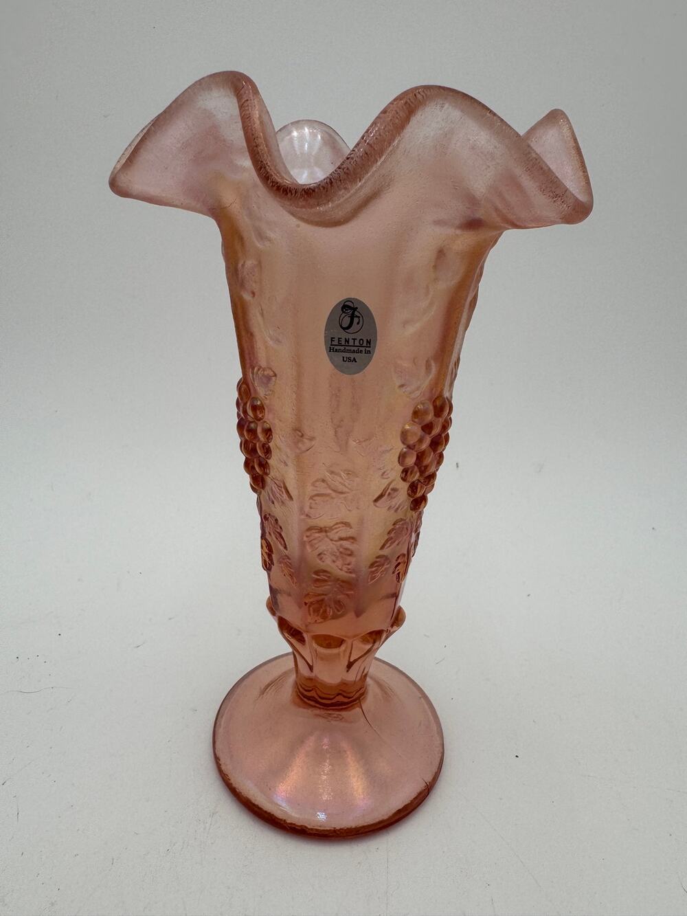 Vintage Fenton Pink Opalescent Grape 8” Ruffled Top Vase Art NOS